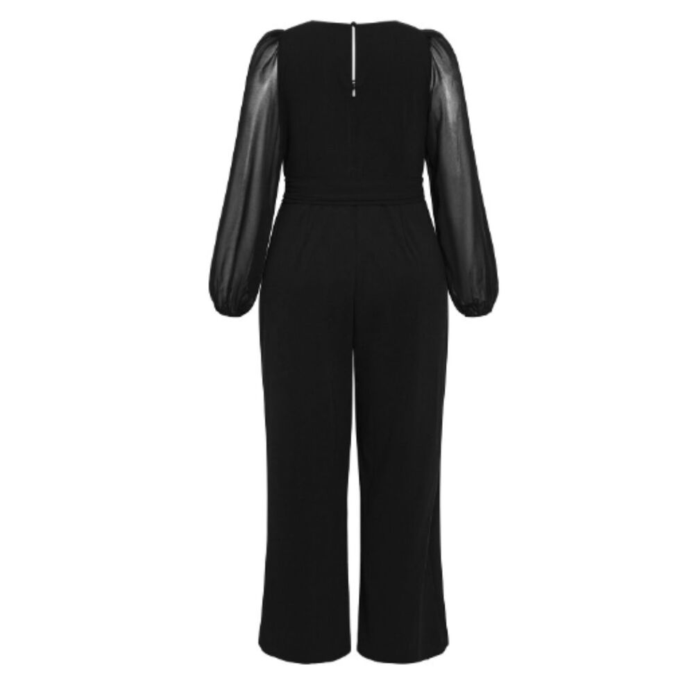 City Chic Jumpsuit Black 22 Black Wrap Wide Leg V Neck Belted Semi Formal Romper - Picture 4 of 5